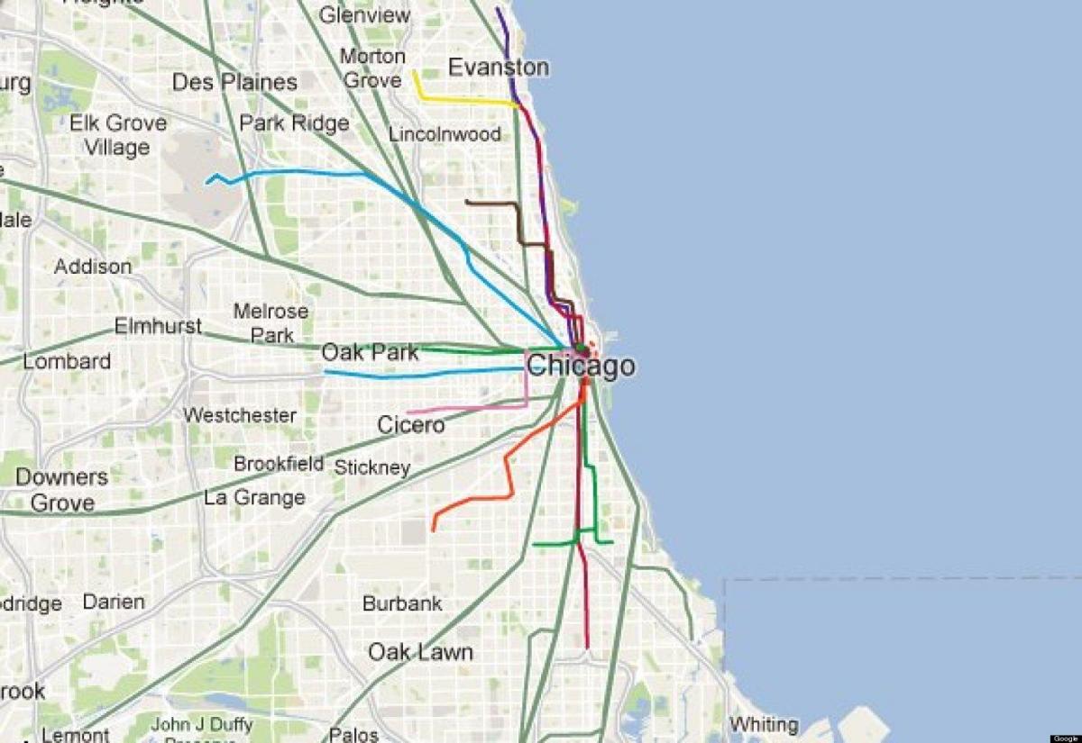 Chicago asul na linya ng tren sa mapa